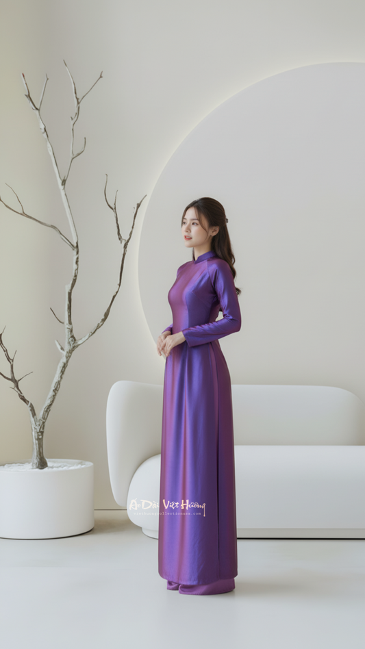 A126 - Áo Dài Tơ Titan Tím ánh Xanh (Cổ Gợn Sóng). Final sale (no return/exchange)
