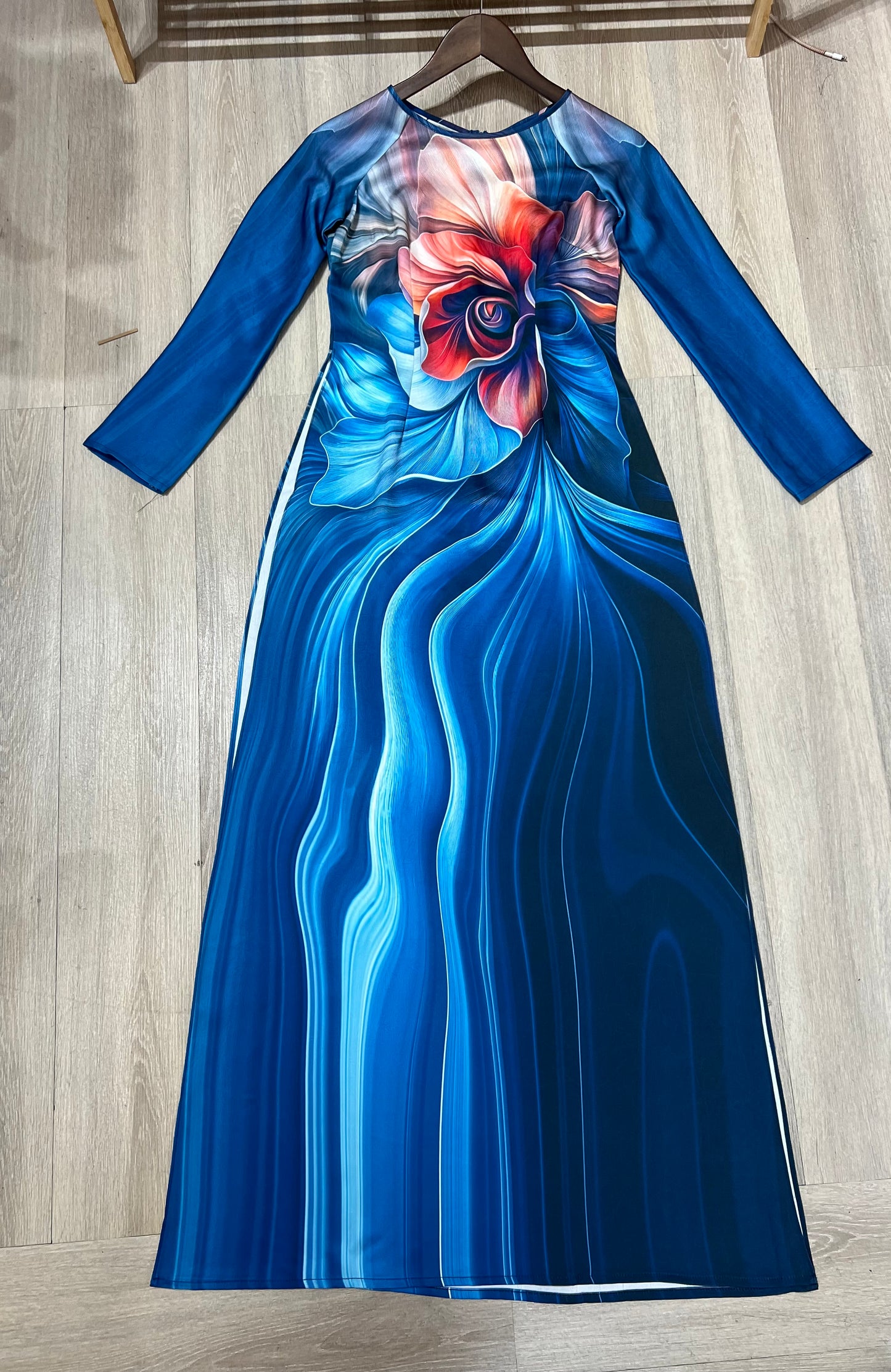 A151- Áo Dài Lụa Tiêu Giao In Blue | Áo Only