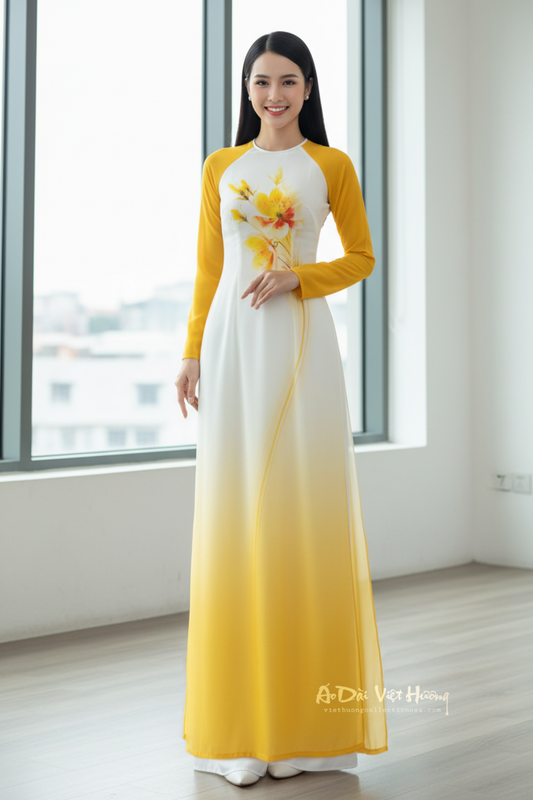 A66 - Áo Dài Chiffon 4 Tà White Yellow