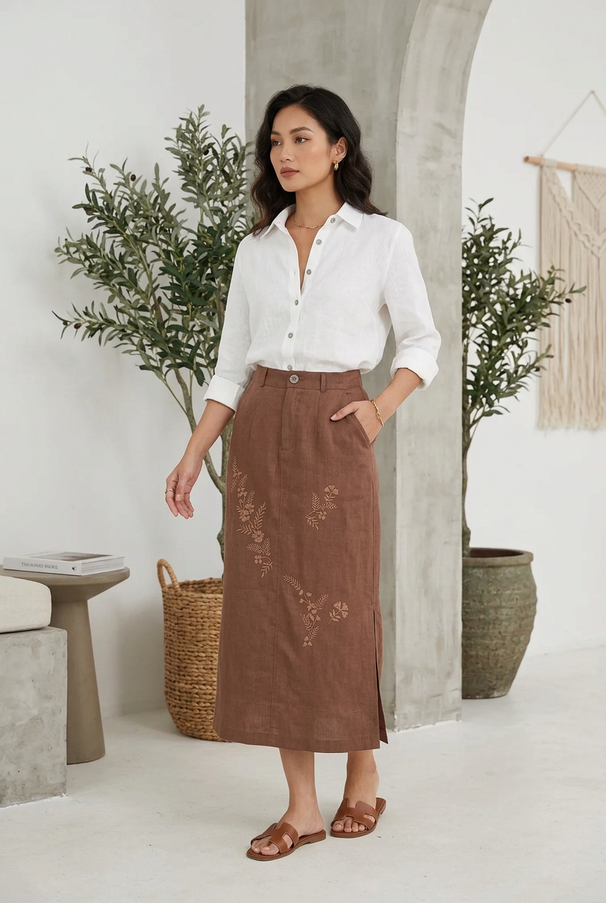 L38->41 - Skirt Linen Thêu Đơn Sắc
