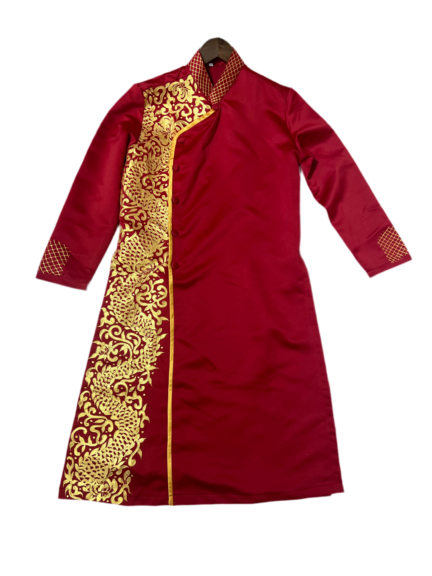 A98 - Men’s Áo Dài Vẽ Tay Đỏ Đô