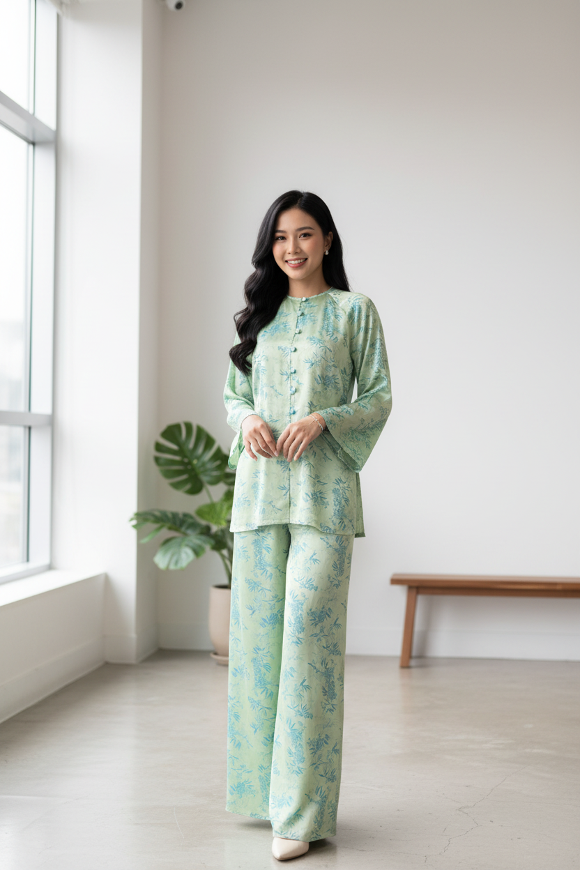 B05 - Set Bà Ba Lụa Lá Trúc Green | Kèm Quần
