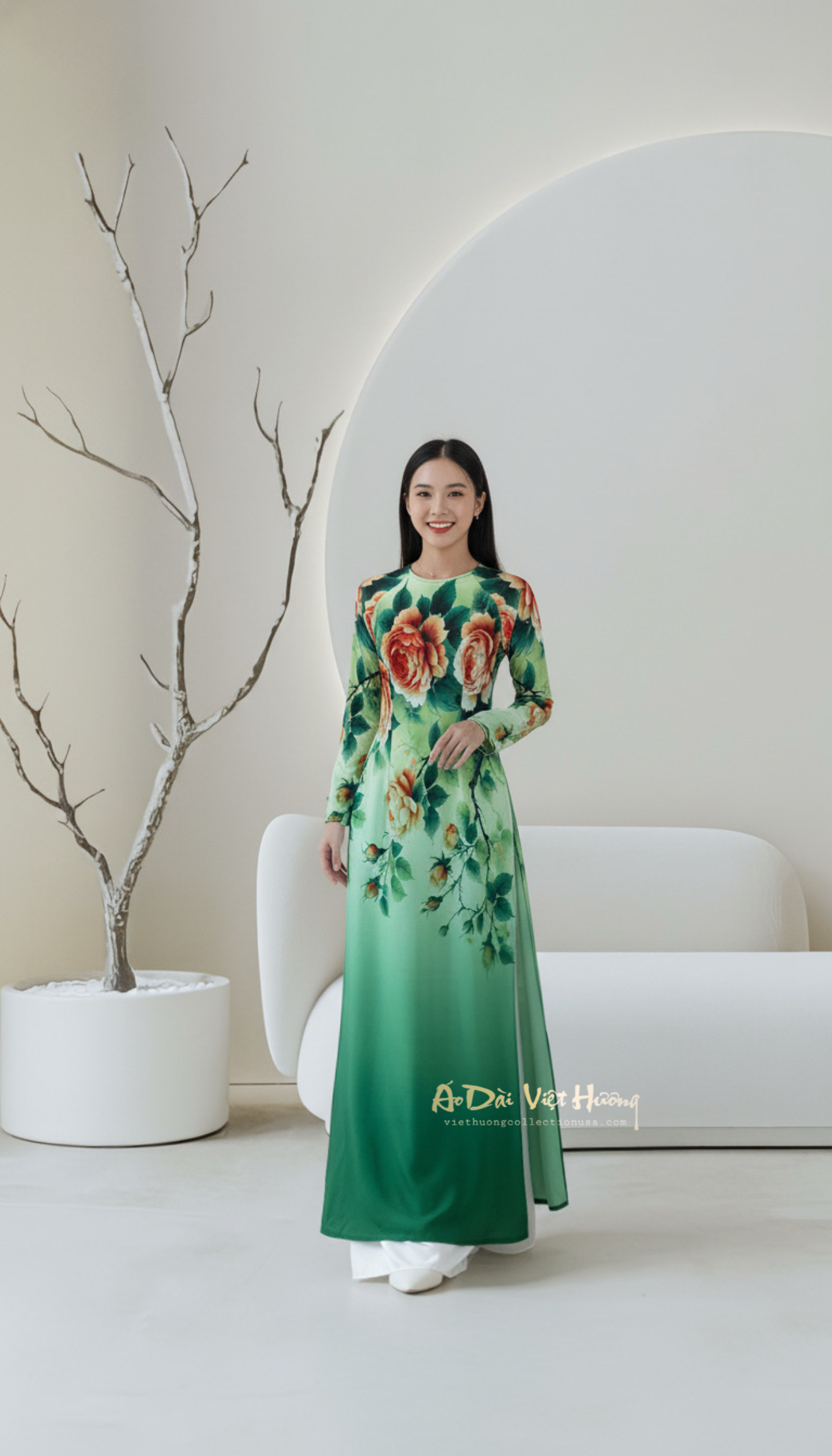 A48 - Áo Dài Voan Chiffon In 4 Tà Xanh Hoa Mẫu Đơn