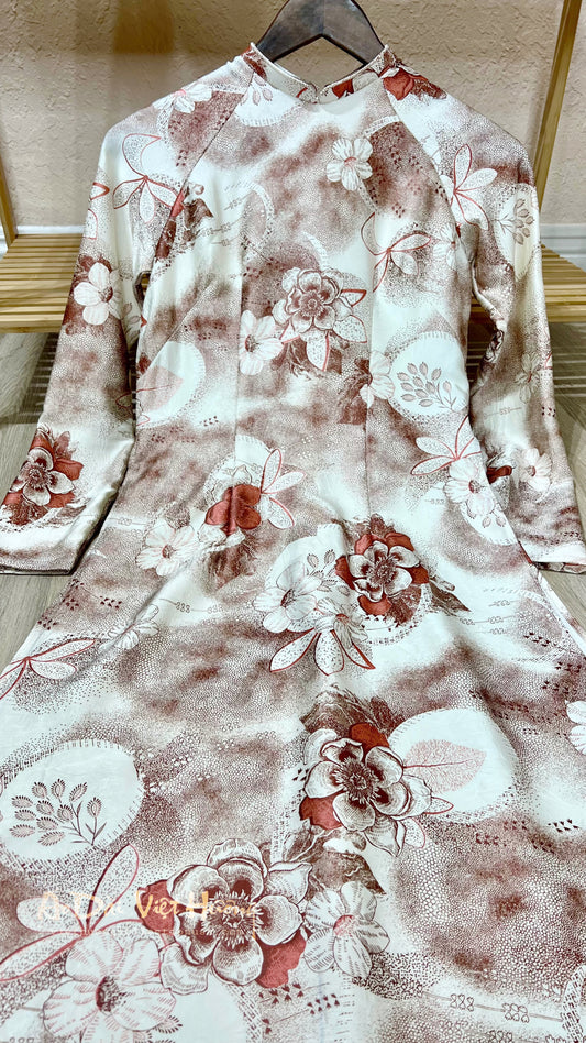 A67 - Áo Dài Lụa Tiêu Giao Trắng phối hoa nâu đỏ