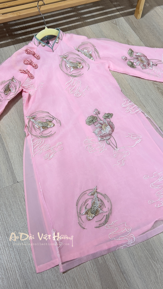 G2 - Girl’s Áo Dài Tơ Thêu Cá Koi 4 Tà Pink (Áo only)