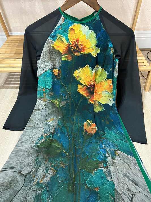 A37 - Áo Dài Chiffon In 4 Tà Xanh Lá/Đen