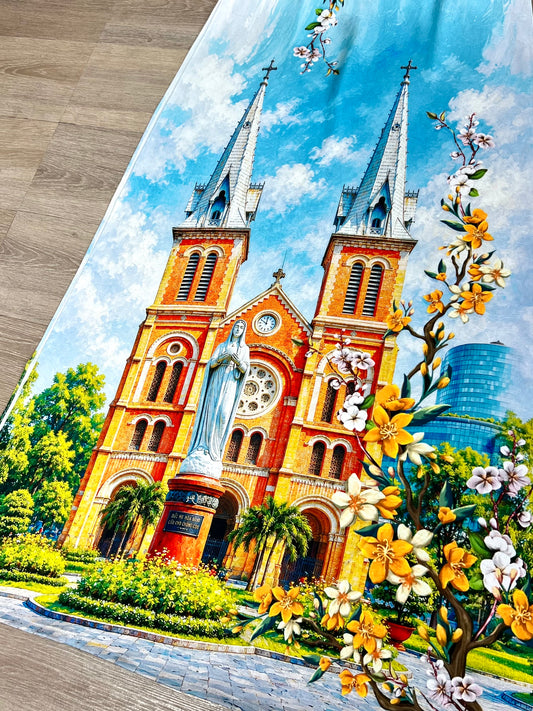 AD59 - Áo Dài Lụa Tiêu Giao xanh/trắng Nhà Thờ Đức Bà | Áo Only