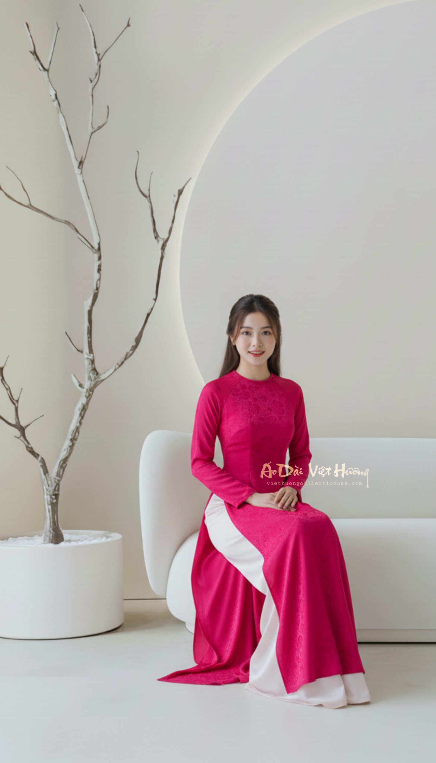 A51 - Áo Dài Gấm Dệt Thái Tuấn Hoa Hồng Đỏ (Cổ Tròn)