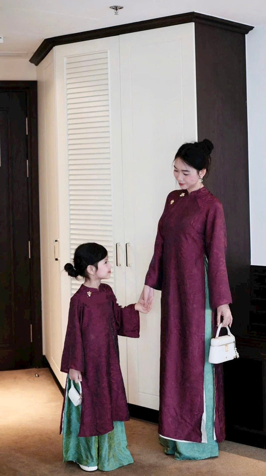 G3 - Set Áo Dài Bé Gái Tơ Tencel 4 Tà Tím Đỏ/Kem (kèm quần)