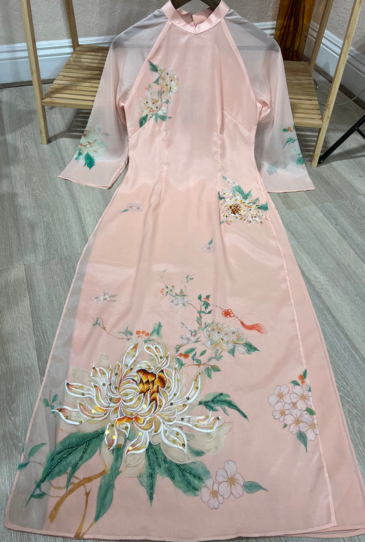 A21 - Áo Dài Cách Tân Tơ Cam Thêu Hoa | Áo Only