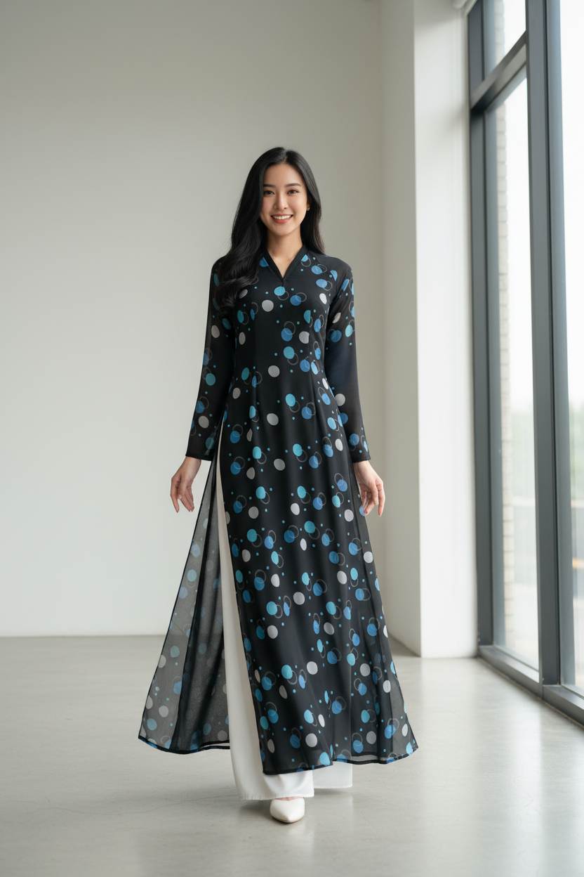 A46 - Áo Dài Chiffon 4 Tà Đen Chấm Bi