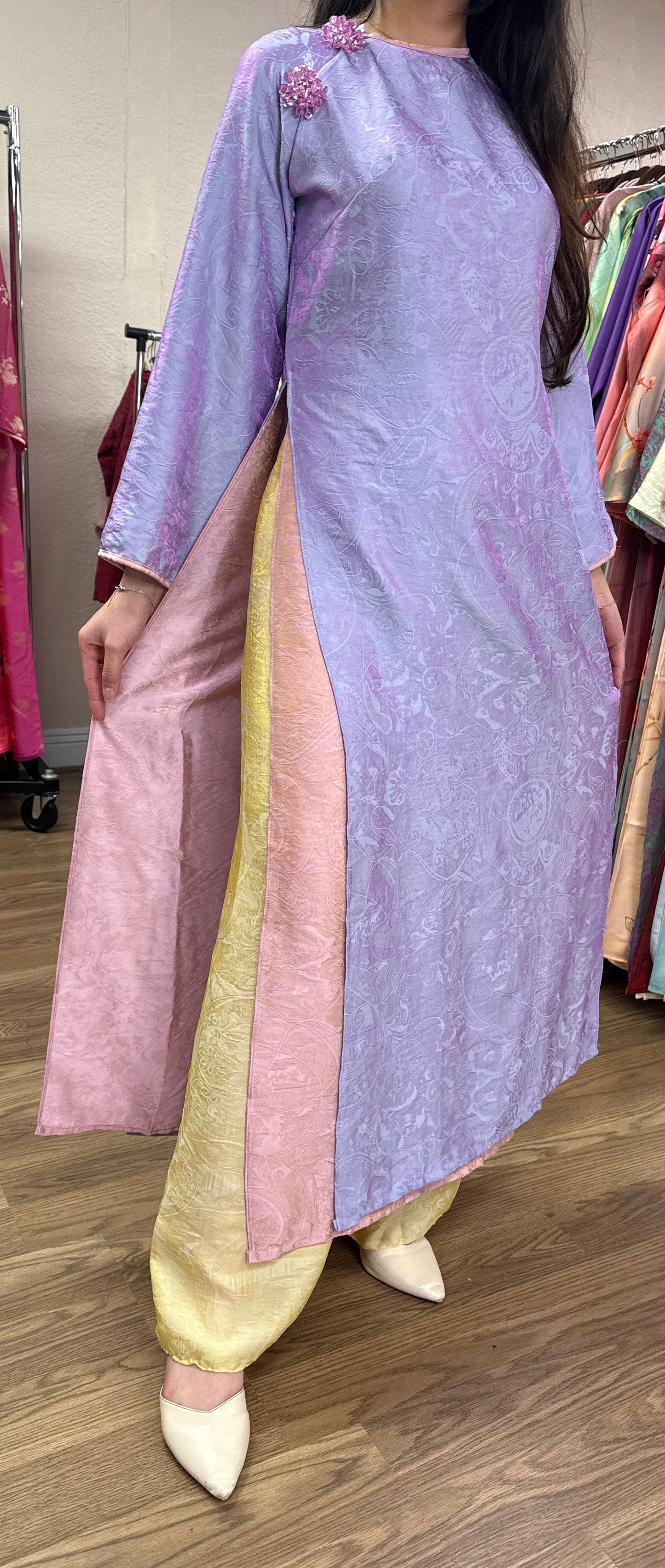 A36 - Set Áo Dài Tencel 4 Tà Tim/Hồng | Kèm Quần Vàng