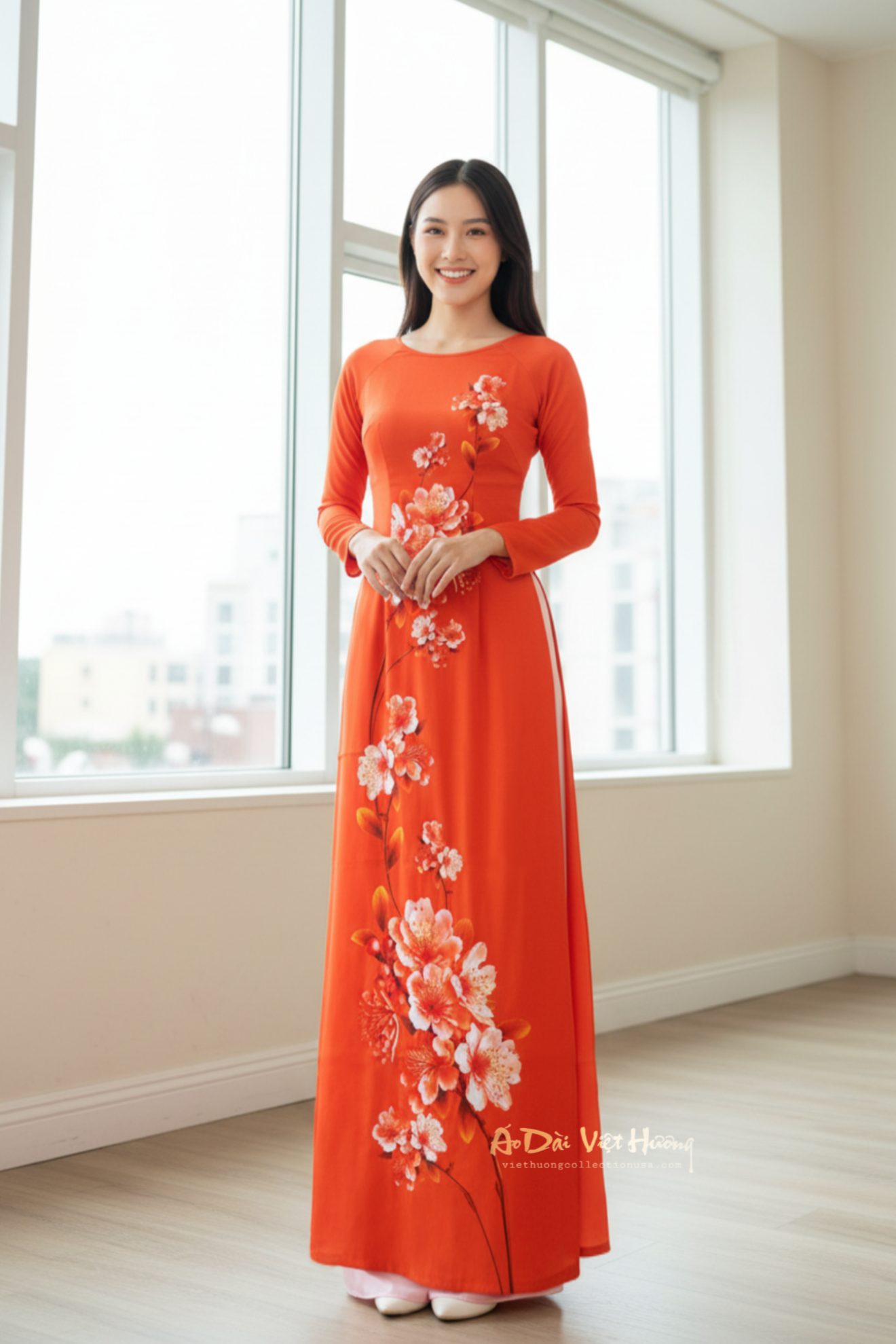 A13 - Áo Dài Lụa Tiêu Giao Cam Hoa Đào