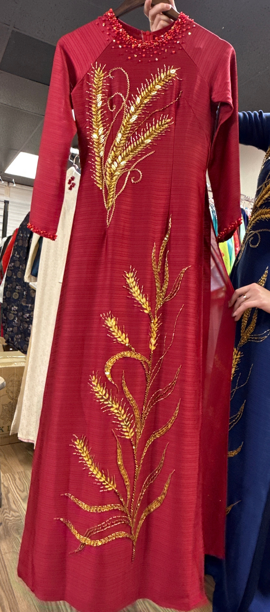 AD10 - Set Áo Dài Tơ Ánh Nguyệt 4 Tà Đỏ Đô (kèm quần Tô Châu)