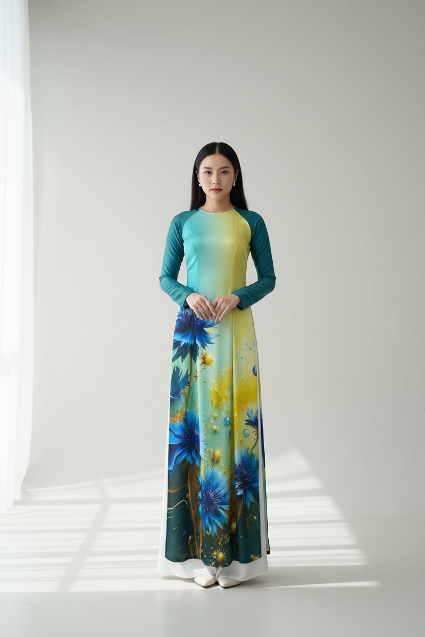 AD25 - Áo Dài Lụa Ánh Sao hoa nhài Xanh Ngọc phối Vàng. Final sale - Áo bị xước (no return/exchange)