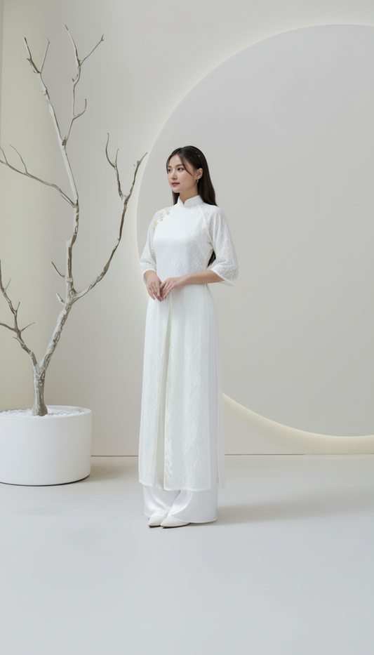 A97 - Áo Dài Tứ Thân Ren Cách Tân Kem 4 Tà