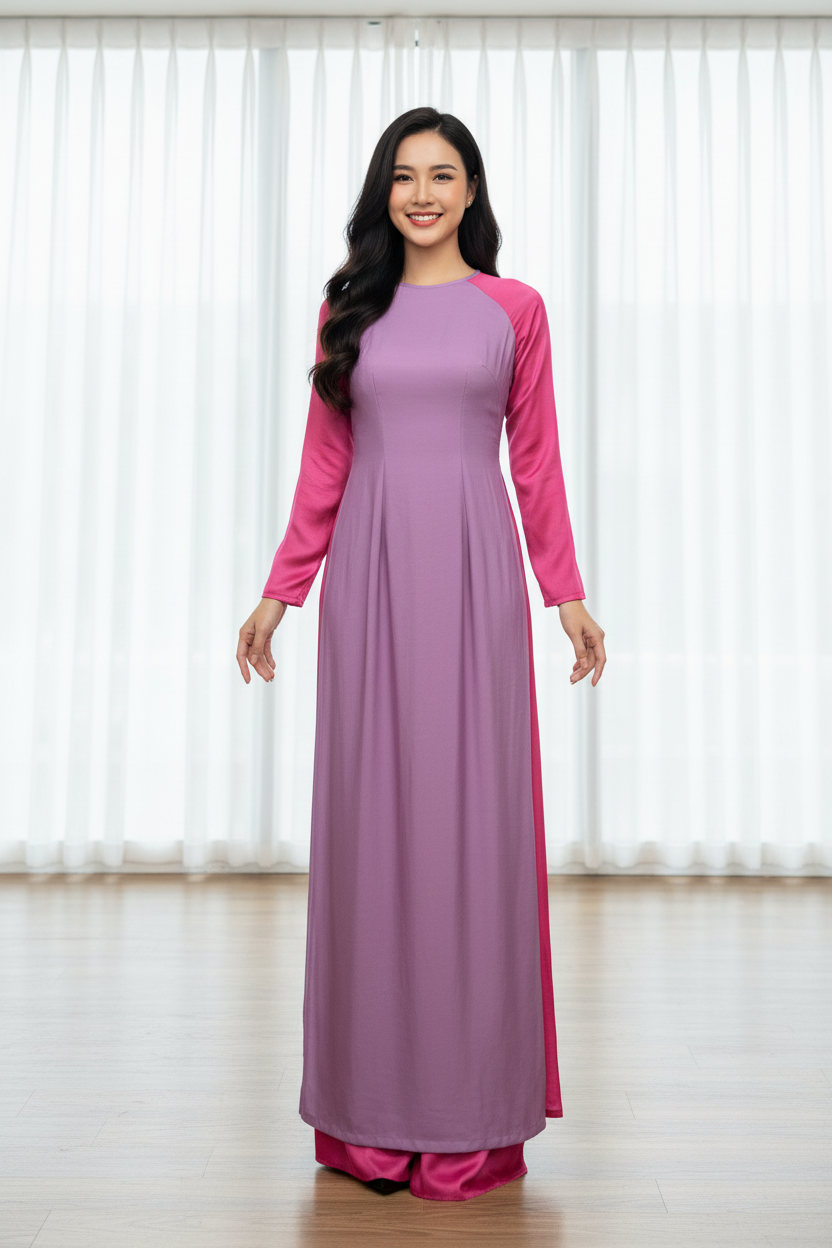 A60 - Set Áo Dài Lụa Đổi Màu Tím/Hồng (kèm quần)