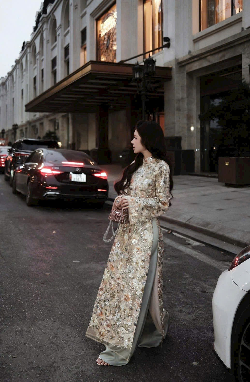 A51 - Set Áo Dài Sequin Nude/Green (kèm quần Nhũ)