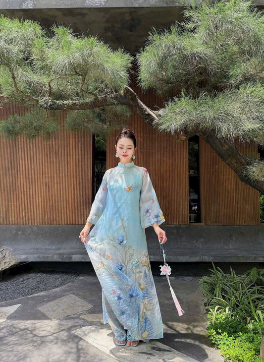 A117 - Set Áo Dài Cách Tân Suông light Blue (Kèm Quần nhũ)