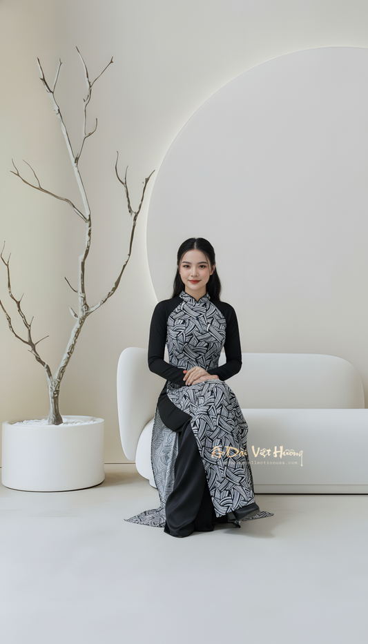 A72 - Áo Dài Voan Gân 4 Tà Đen Sọc