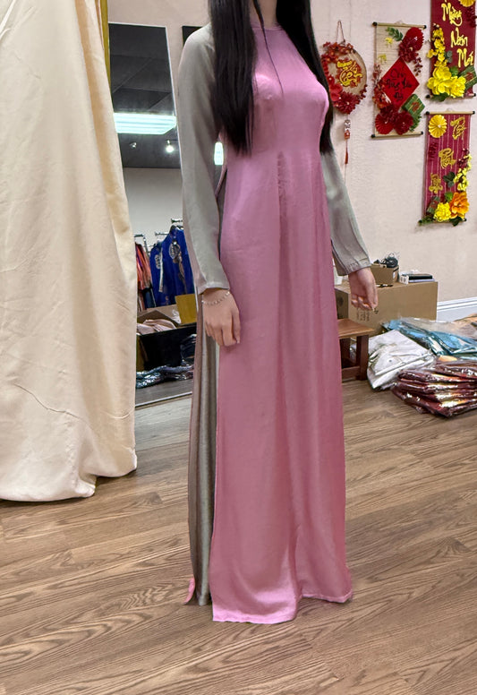 A59 - Set Áo Dài Lụa Đổi Màu Hồng/Xám (kèm quần)