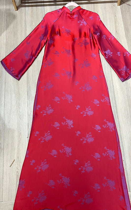A139 - Áo Dài Dáng Suông Gấm Lụa Thiên Cúc Đỏ/Tím | Áo Only