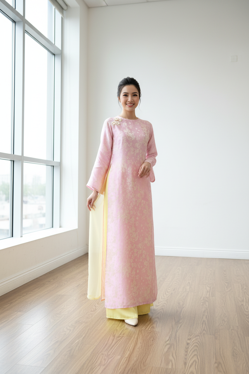 D19 - Set Áo Dài 4 Tà Hồng/Vàng (kèm quần)