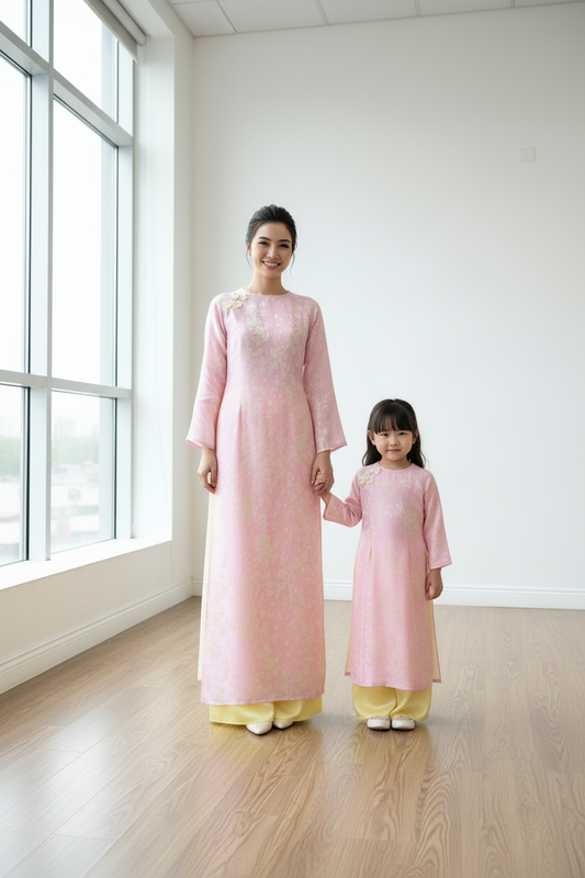 D20 - Girl’s Set Áo Dài 4 tà hồng/vàng (kèm quần)