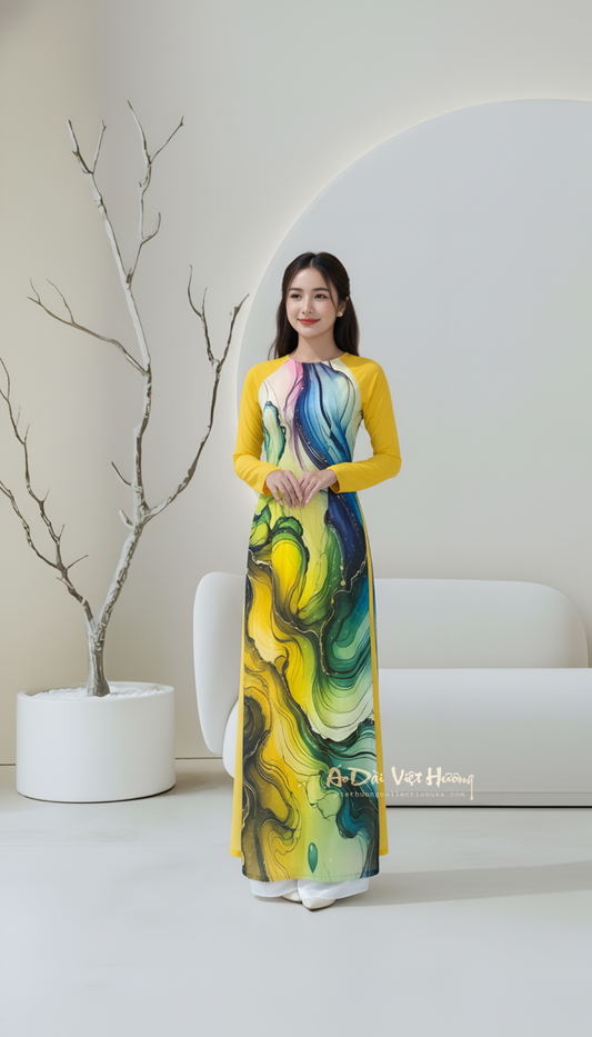 A115 - Áo Dài Voan Chiffon In 4 Tà Vàng Phối Xanh