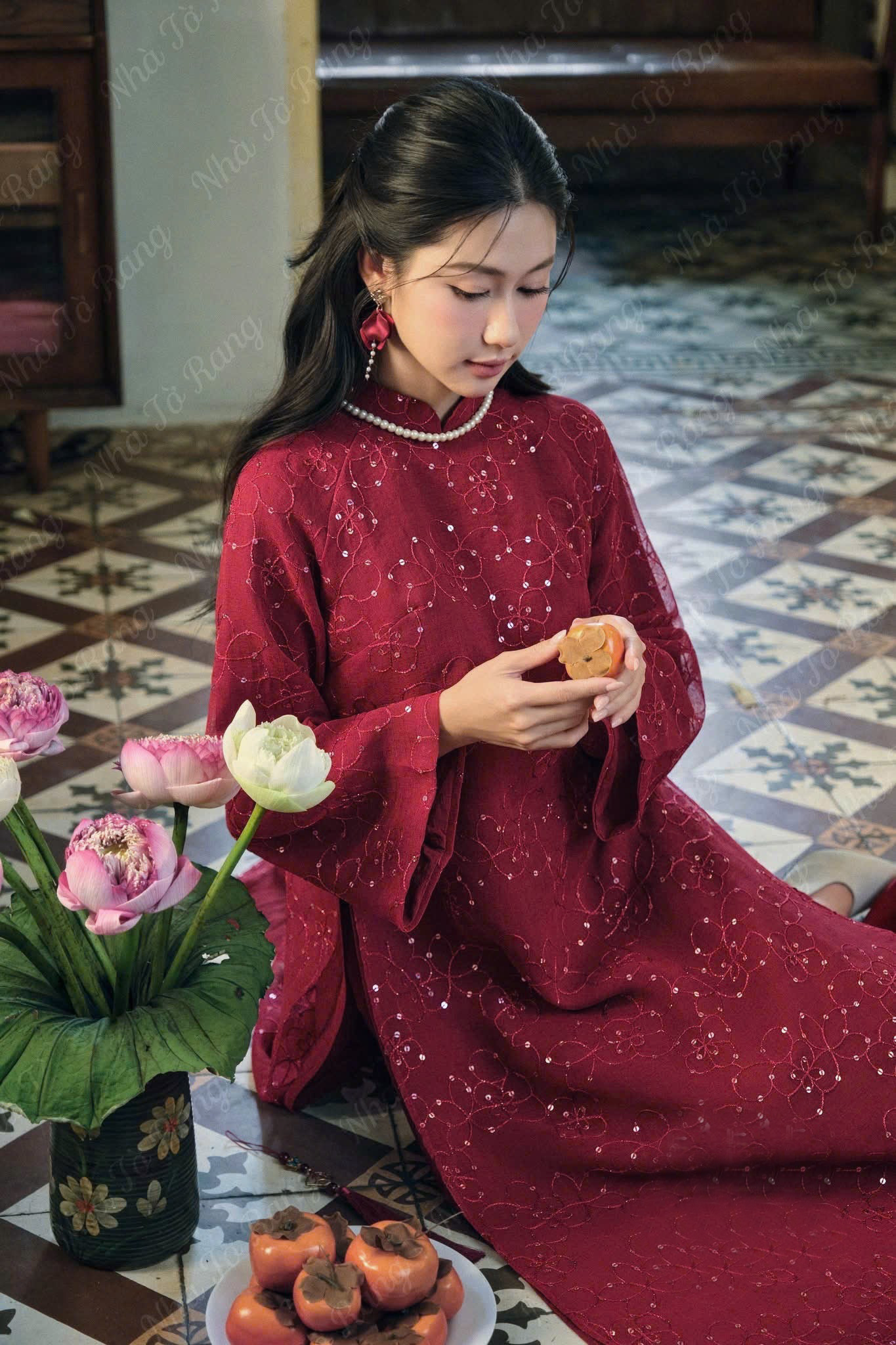 A25 - Set Áo Dài Cách Tân Sequin Lưới Đỏ Đô (Kèm quần nhũ)