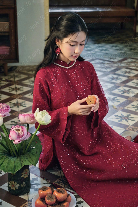 A25 - Set Áo Dài Cách Tân Sequin Lưới Đỏ Đô (Kèm quần nhũ)