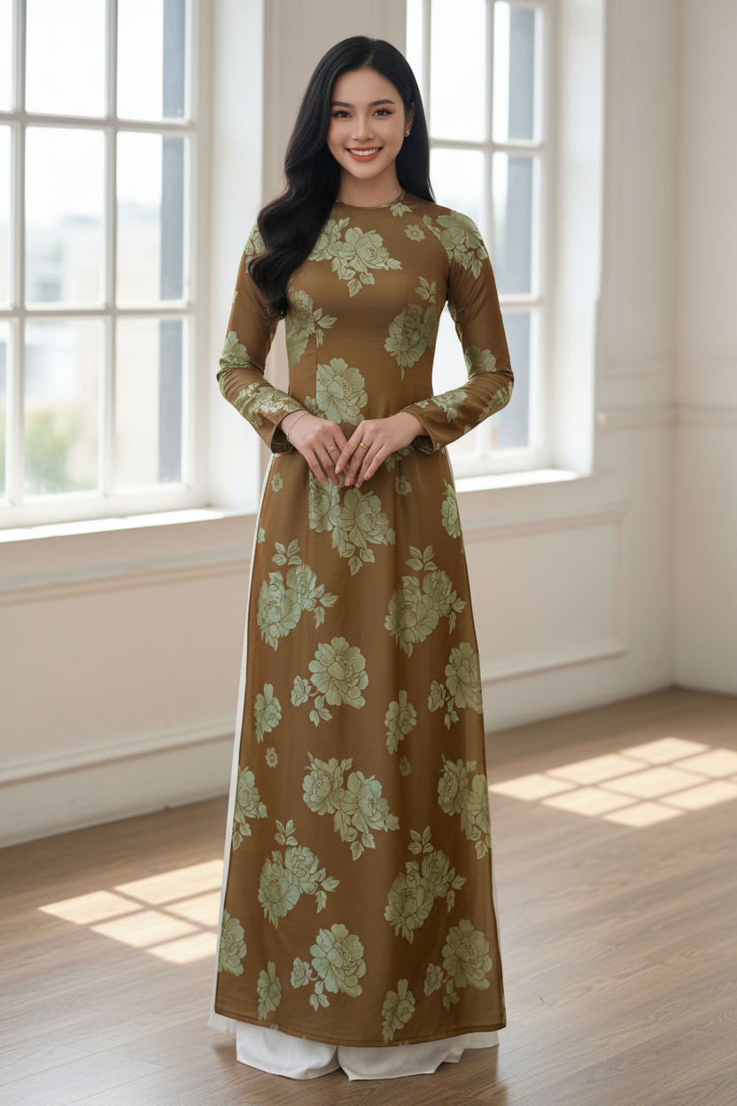 A41 - Áo Dài Tằm Pha Nâu Olive