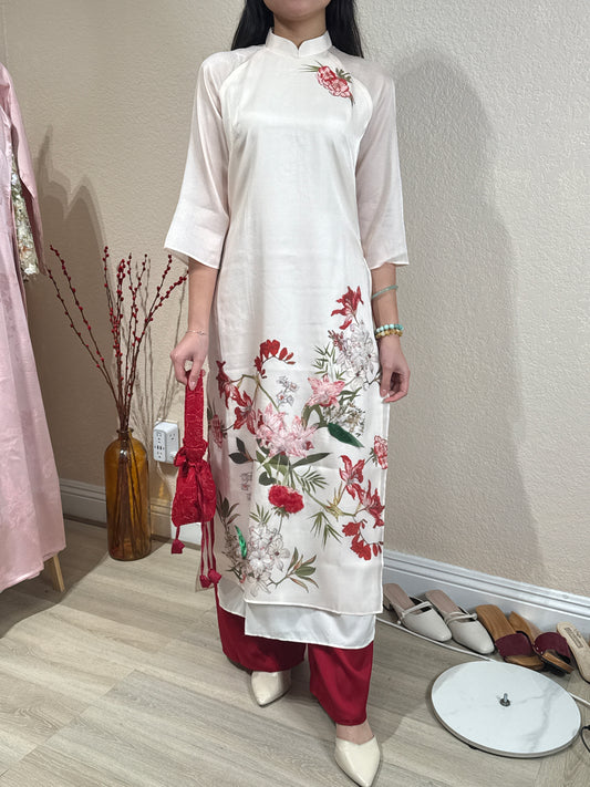 A107 - Set Áo Dài Cách Tân Tơ In Hoa 4 Tà Kem (kèm quần đỏ)