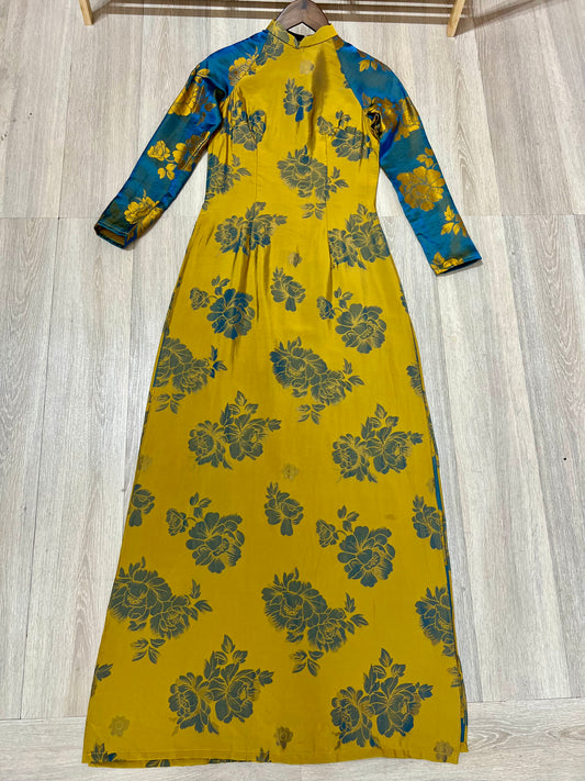 A28 - Áo Dài Lụa Tằm Pha Vàng/Xanh