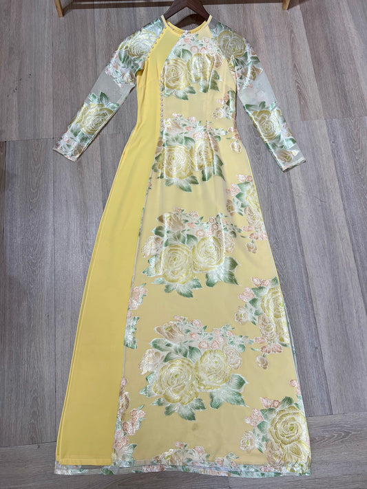 A24 - Áo Dài Đầm Tơ Hoa Vàng Tà Lệch