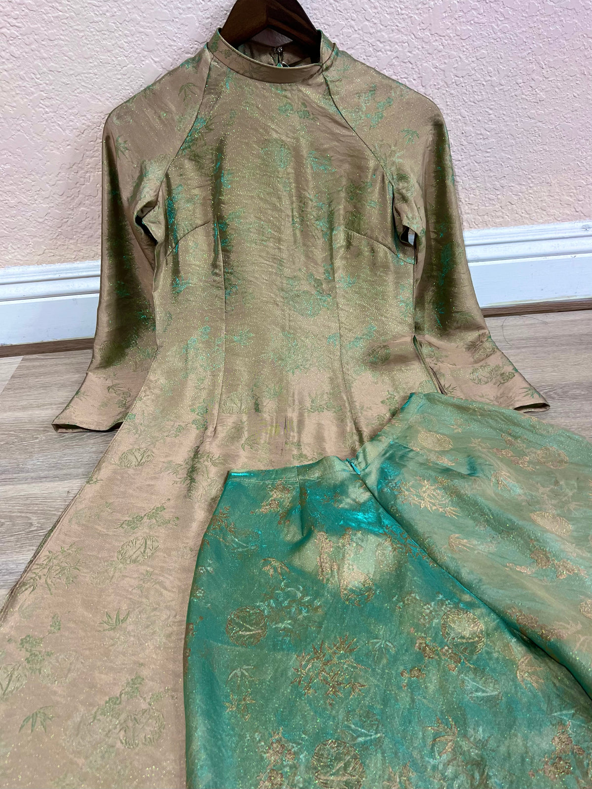 A41 - Set Áo Dài Tơ Song Kim Light Turquoise/Pink | Kèm quần