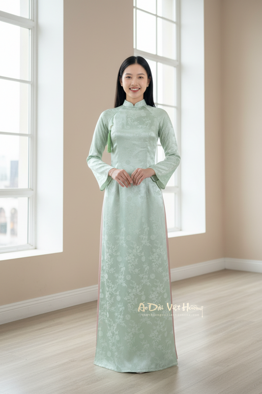 A102 - Áo Dài Gấm Lụa Trúc Đào Xanh Mint