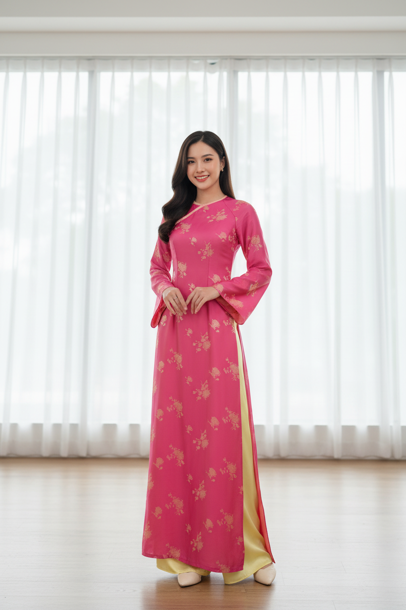 A116 - Áo Dài Lụa Gấm Thiên Cúc Hồng Sen