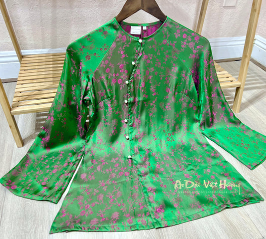 B4 - Áo Bà Ba Gấm Xanh hoa nhí hồng