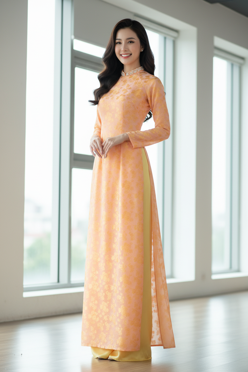 A110 - Áo Dài Gấm Coral Pink Design (Cổ 2cm)