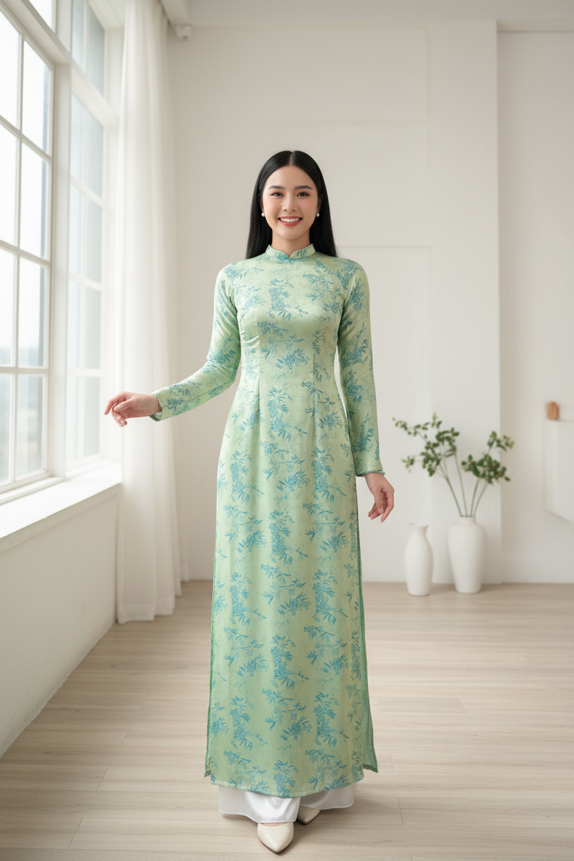 A15 - Áo Dài Lụa Gấm Lá Trúc Turquoise (Cổ 2cm) | Áo Only