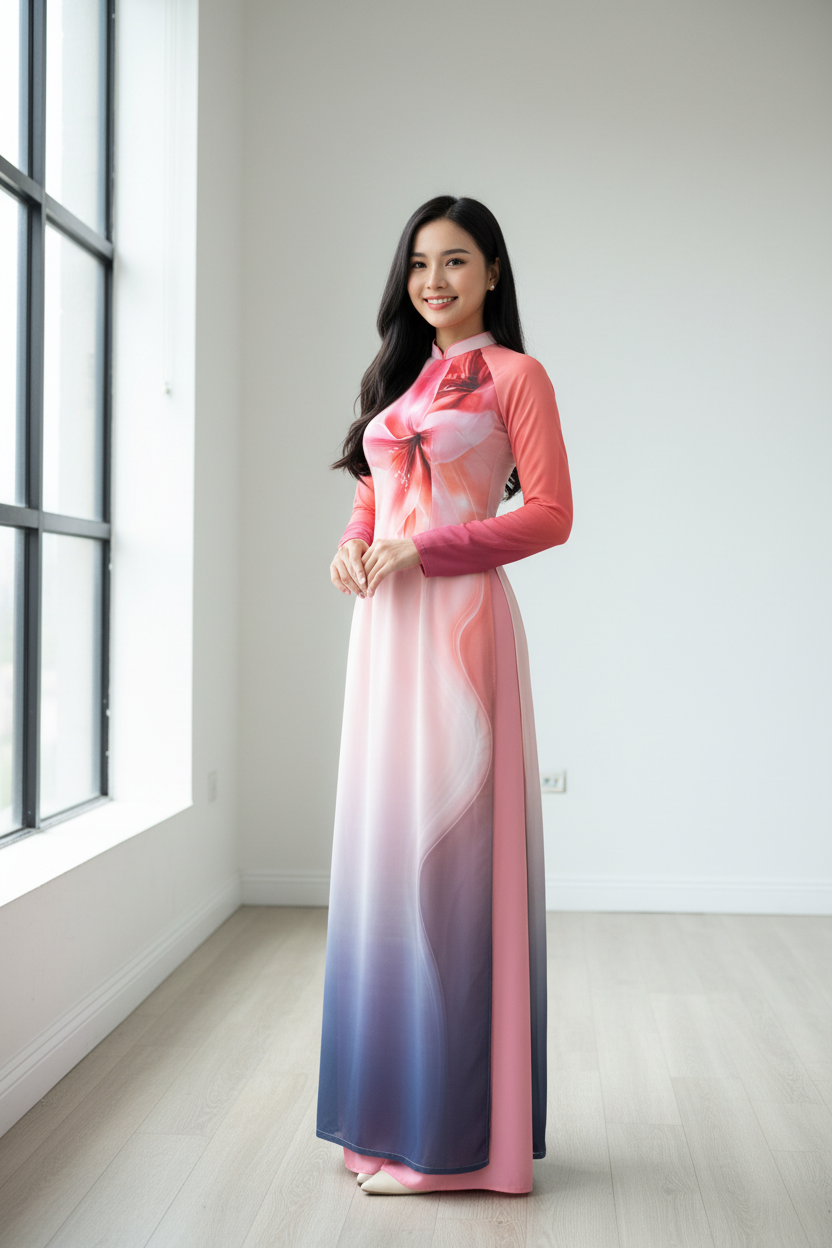 A16 - Áo Dài Chiffon 4 Tà Hồng/Xám | Áo Only
