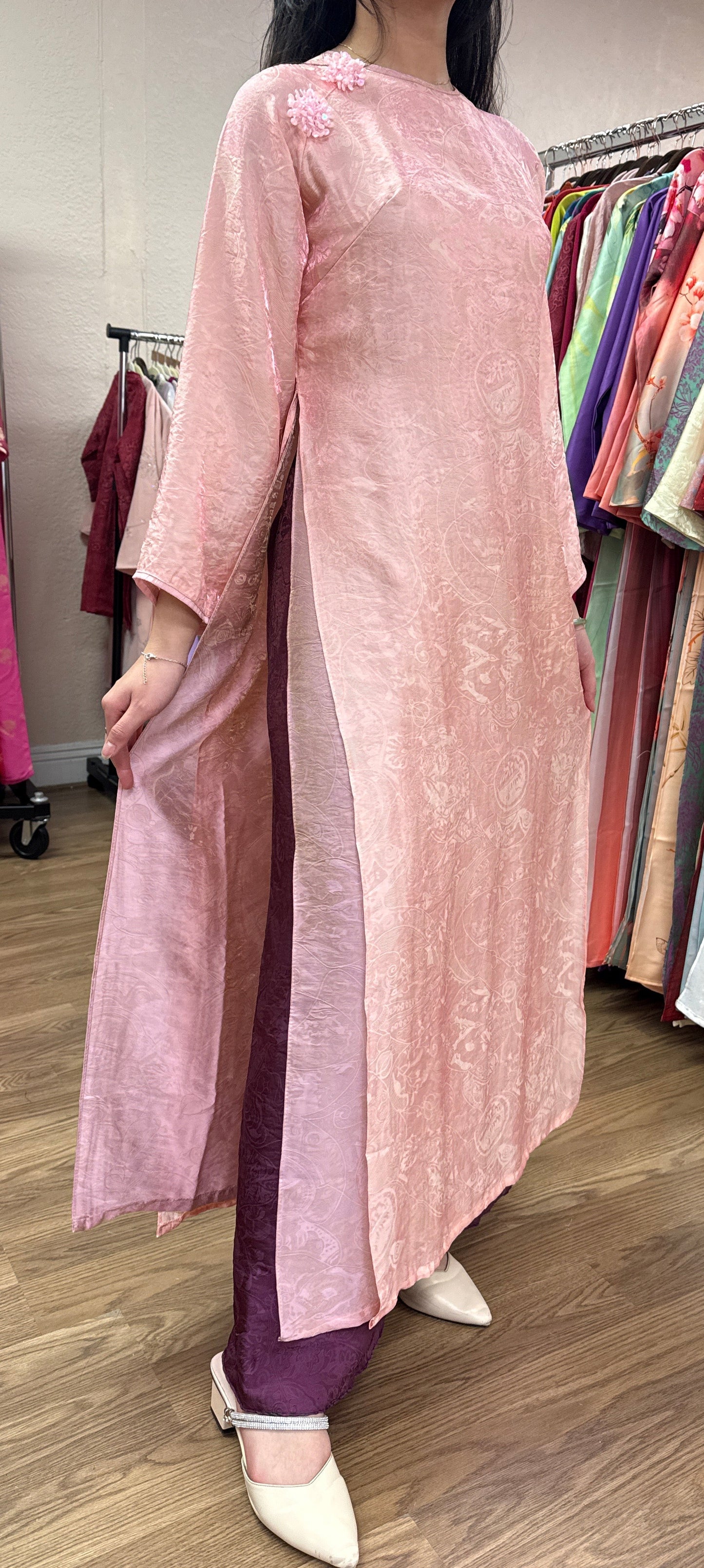 A35 - Set Áo Dài Tencel 4 Tà Hồng/Tím | Kèm Quần Tím