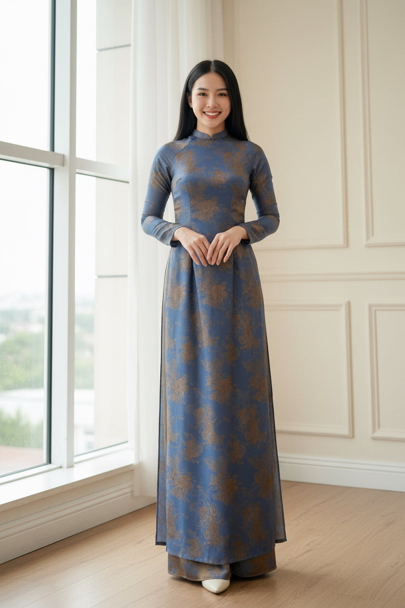 A41 - Áo Dài Gấm Lụa Hai Da Nâu/Tím Xanh
