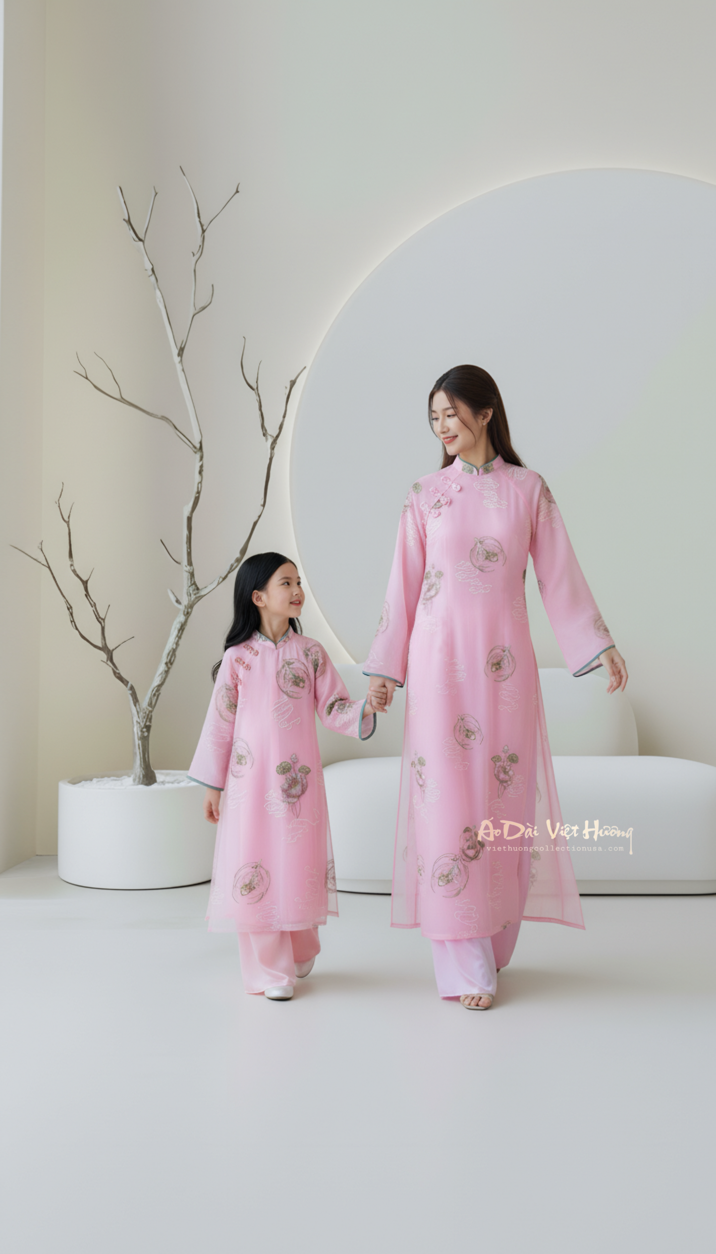 G2 - Girl’s Áo Dài Tơ Thêu Cá Koi 4 Tà Pink (Áo only)