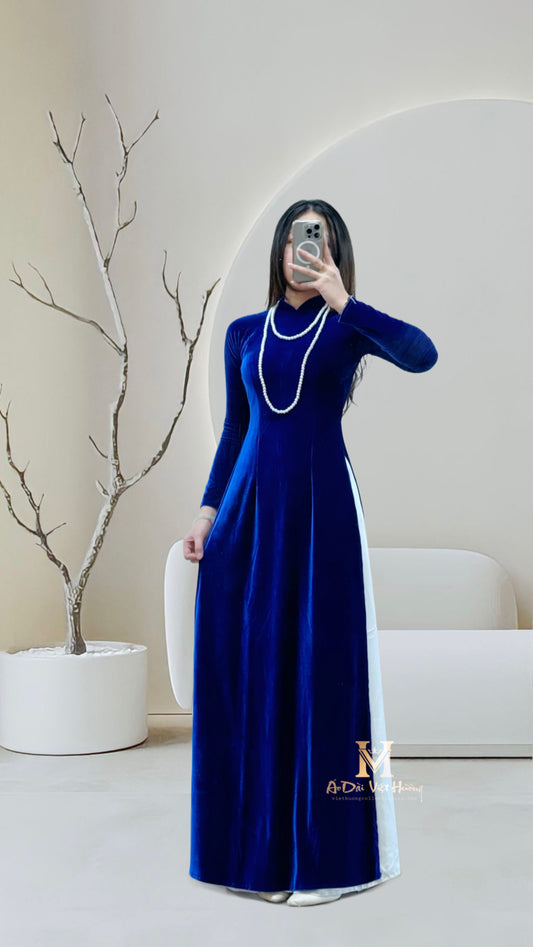 A56 - Áo Dài Nhung The Thun Cobalt Blue.