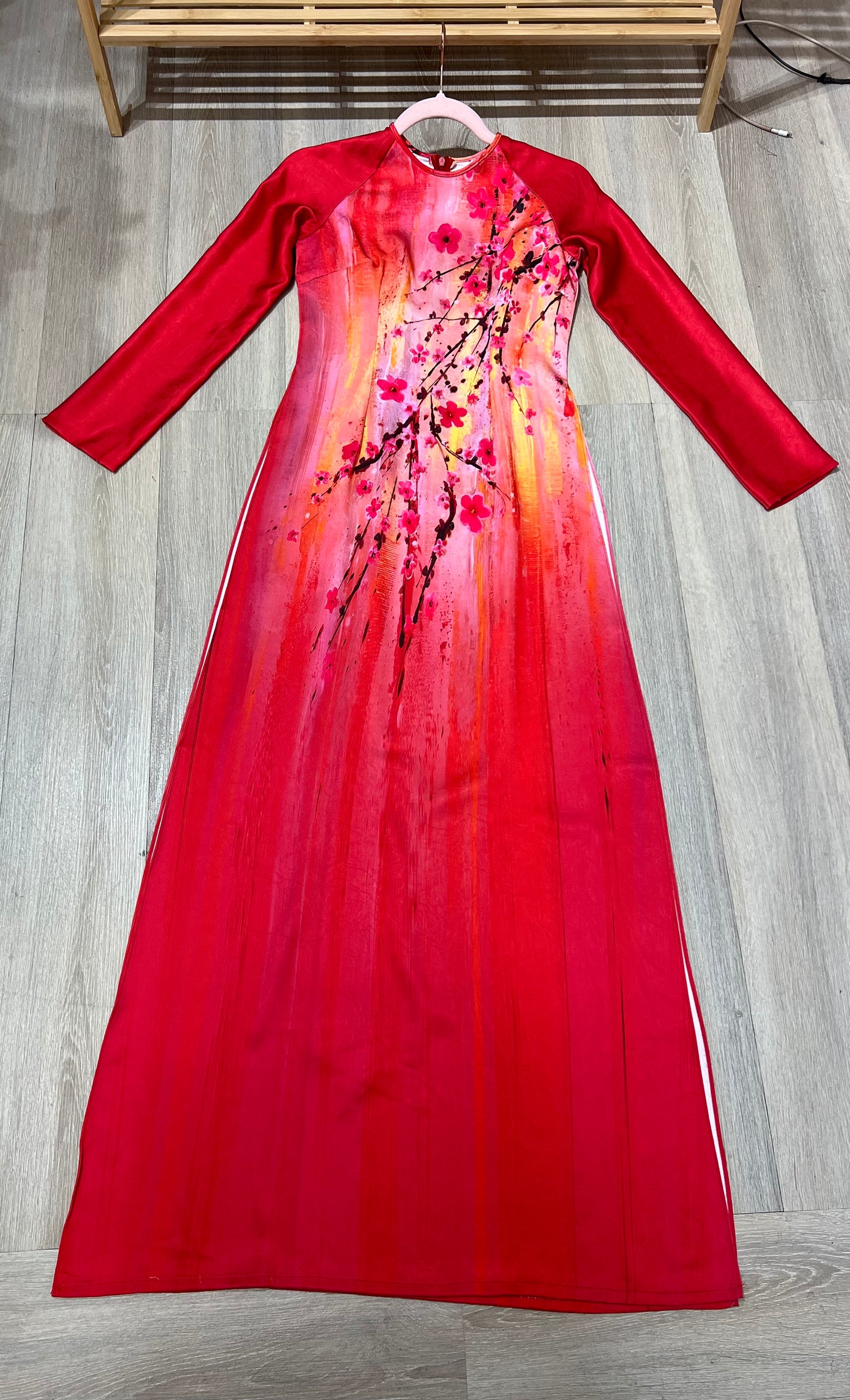 A153 - Áo Dài Lụa Tiêu Giao Đỏ in Hoa | Áo Only