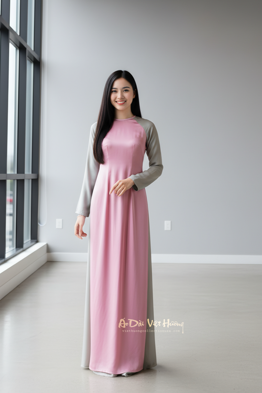 A59 - Set Áo Dài Lụa Đổi Màu Hồng/Xám | Kèm Quần. Final sale (no return/exchange)