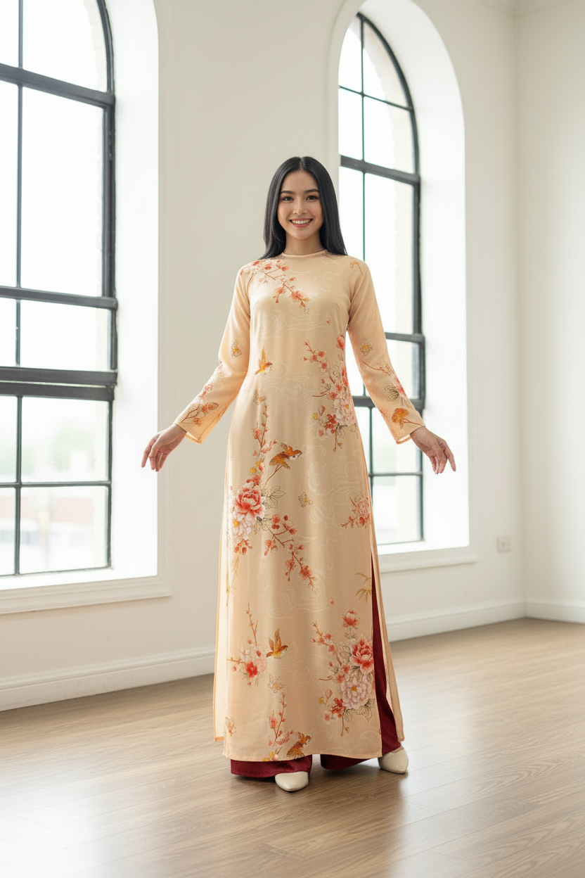 A77 - Áo Dài Lụa Tô Châu Cam Nhạt