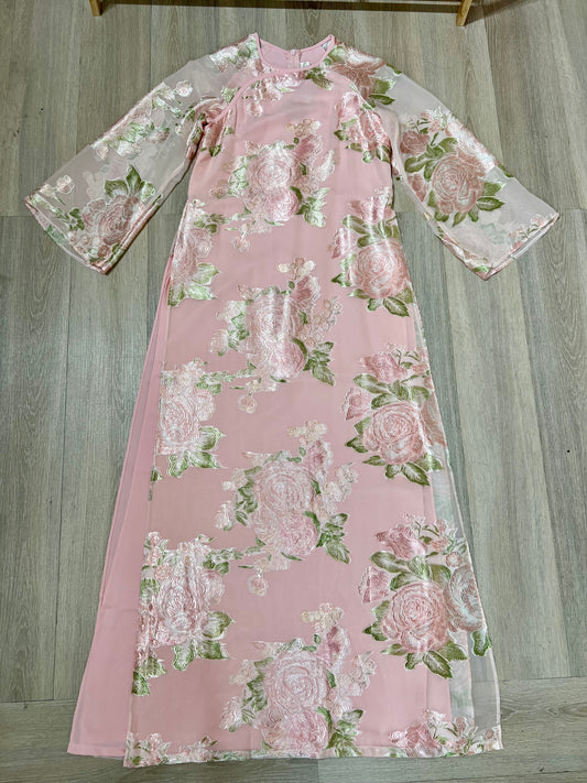 A27 - Áo Dài Dáng Suông Tơ Hoa Hồng (Cổ Tròn)